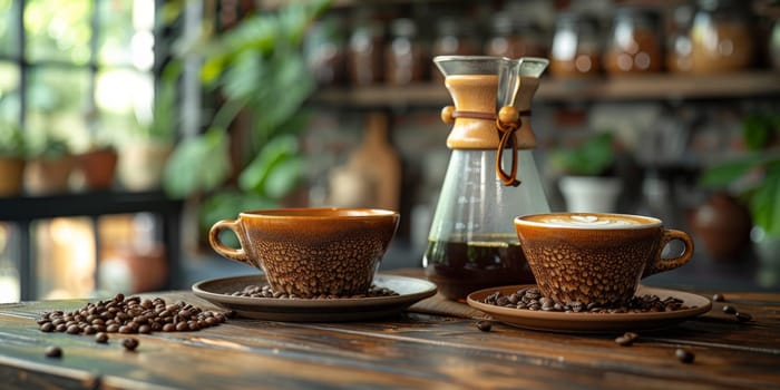 coffee still life (grinder, cup, a bag of beans, a jar against the background of an old wall