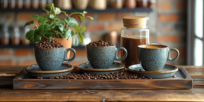 coffee still life (grinder, cup, a bag of beans, a jar against the background of an old wall