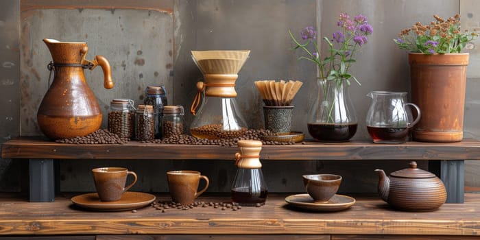 coffee still life (grinder, cup, a bag of beans, a jar against the background of an old wall