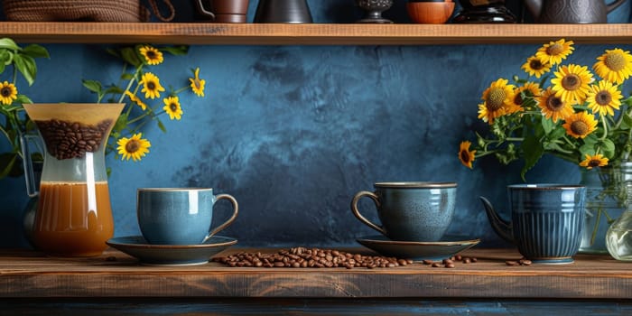 coffee still life (grinder, cup, a bag of beans, a jar against the background of an old wall