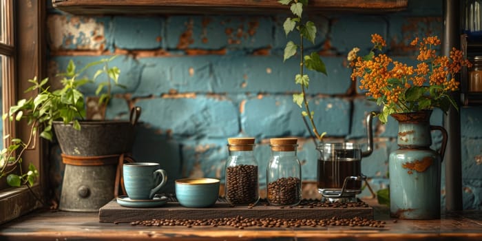 coffee still life (grinder, cup, a bag of beans, a jar against the background of an old wall