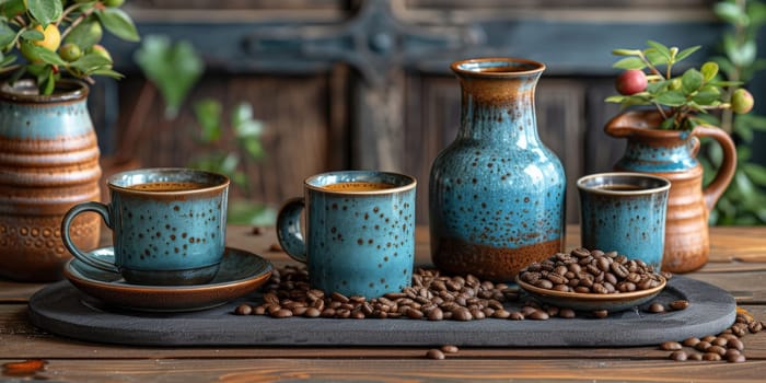 coffee still life (grinder, cup, a bag of beans, a jar against the background of an old wall