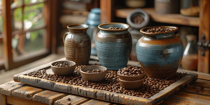 coffee still life (grinder, cup, a bag of beans, a jar against the background of an old wall