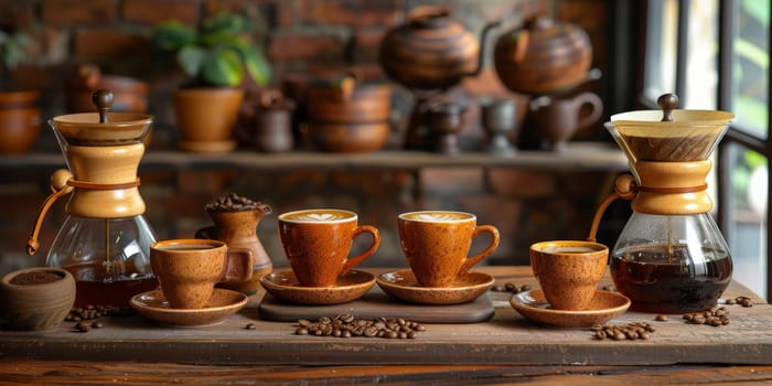 coffee still life (grinder, cup, a bag of beans, a jar against the background of an old wall