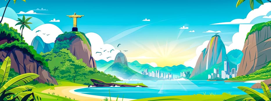 An artful cartoon illustration of a tropical landscape with a cross on top of a mountain, depicting a natural landscape with grassland, water resources, and a picturesque sky