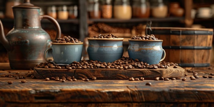 coffee still life (grinder, cup, a bag of beans, a jar against the background of an old wall