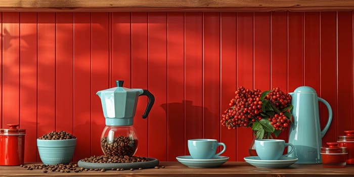 coffee still life (grinder, cup, a bag of beans, a jar against the background of an old wall