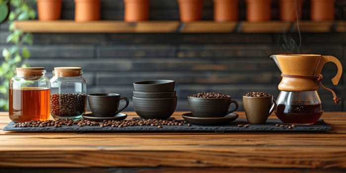 coffee still life (grinder, cup, a bag of beans, a jar against the background of an old wall