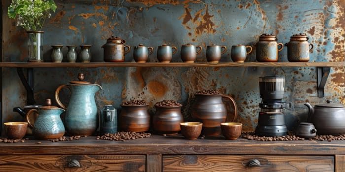 coffee still life (grinder, cup, a bag of beans, a jar against the background of an old wall