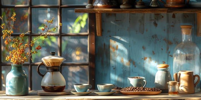 coffee still life (grinder, cup, a bag of beans, a jar against the background of an old wall