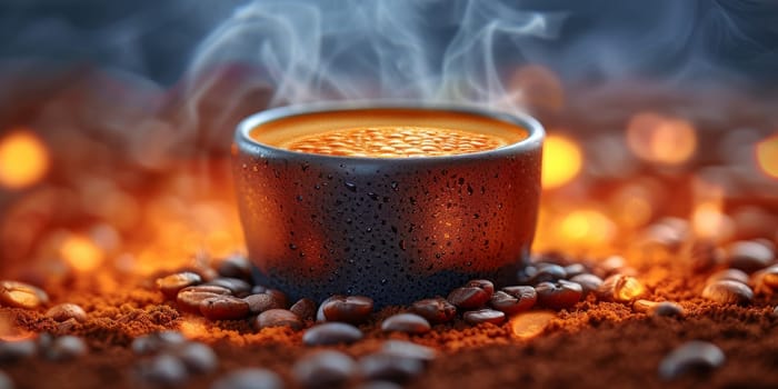 Steaming coffee cup on dark background.