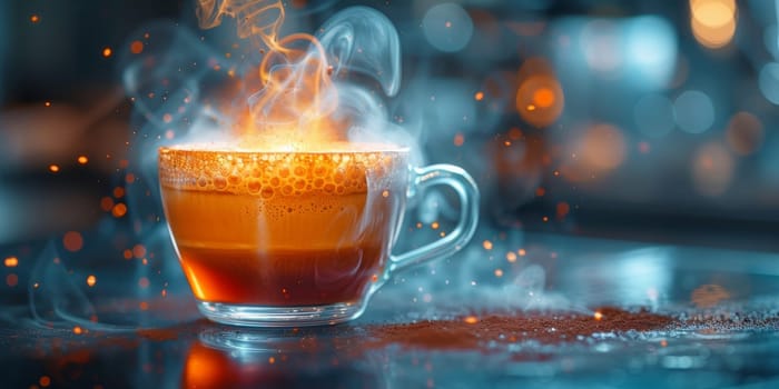 Steaming coffee cup on dark background.