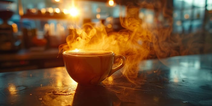 Steaming coffee cup on dark background.