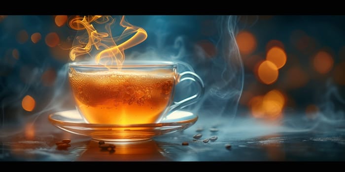 Steaming coffee cup on dark background.