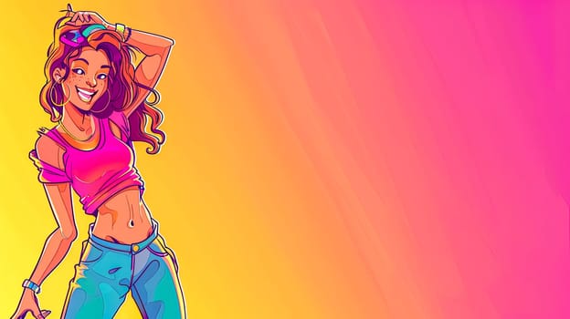 A happy woman in a crop top and jeans stands against a vibrant magenta and yellow background, showcasing her waist, abdomen, and thighs as if she were a painting in nature