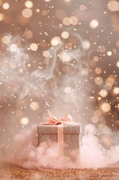 An enchanting gift box wrapped in glittering paper with a delicate bow, nestled in a cloud of soft smoke against a backdrop of warm bokeh lights, ideal for Women's Day promotions. Generative AI