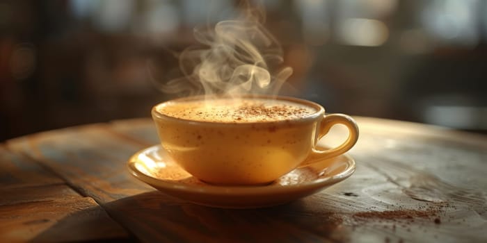 Steaming coffee cup on dark background.
