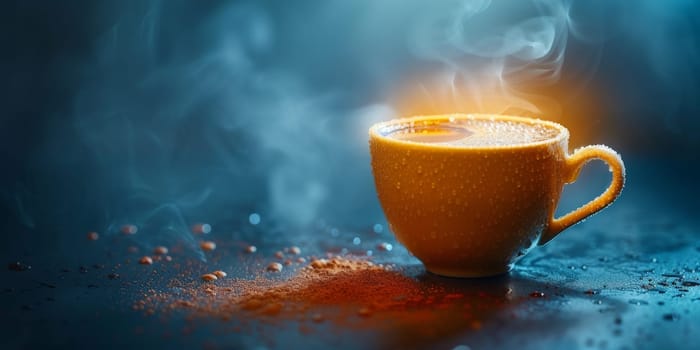 Steaming coffee cup on dark background.