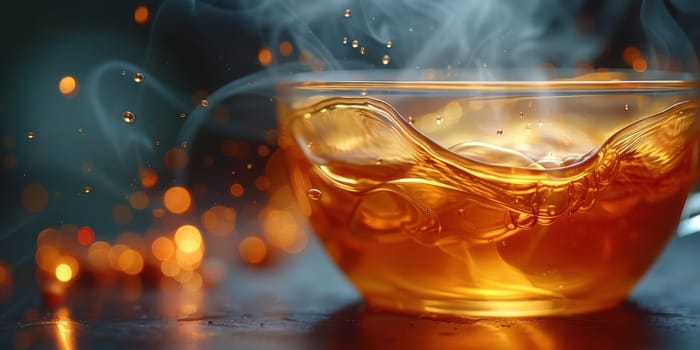 Steaming coffee cup on dark background.