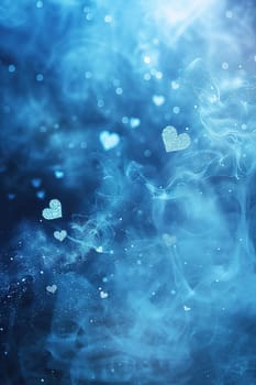 Captivating blue background with glittering hearts and mystical smoke, perfect for Men's Day promotions, greeting cards, or themed event invitations. Vertical picture. Generative AI
