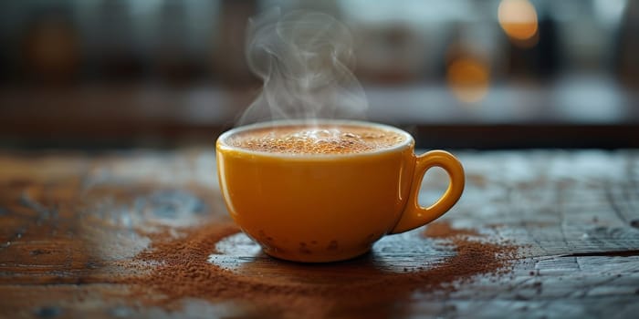 Steaming coffee cup on dark background.