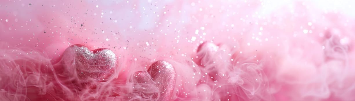A whimsical pink heart glitter background immersed in soft smoke, perfect for Women's Day promotions, love-themed visuals, and romantic design projects. Panoramic banner. Generative AI