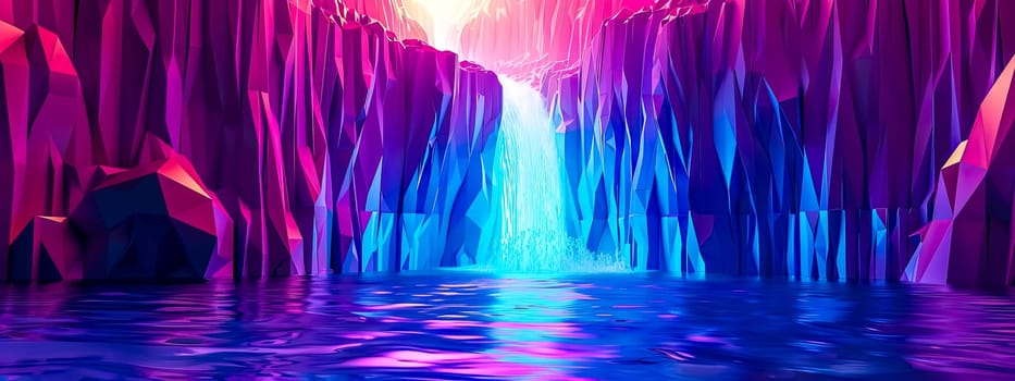 A liquid waterfall inside a cave illuminated by vibrant purple and blue lights, creating a magical and colorful display of fluid motion