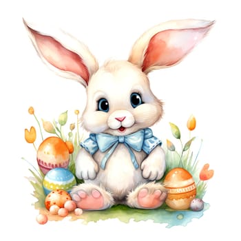 Illustration of the Easter bunny sitting in a clearing with Easter eggs. AI generated