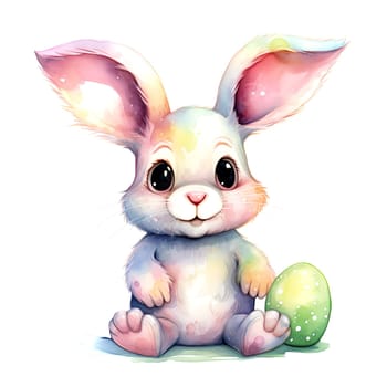 Illustration of the Easter bunny sitting in a clearing with Easter eggs. AI generated