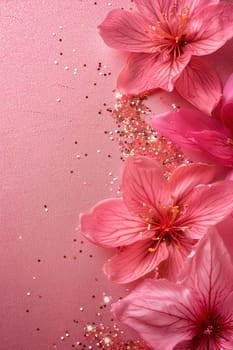 Pink glittering background with flowers, copy space. Women's Day. It's a girl backdrop with empty space. Baby shower or birthday invitation, party. Baby girl birth announcement. Generative AI