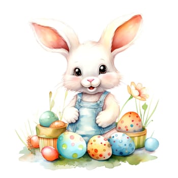 Illustration of the Easter bunny sitting in a clearing with Easter eggs. AI generated