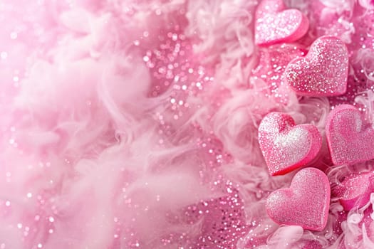 A whimsical pink heart glitter background immersed in soft smoke, perfect for Women's Day promotions, love-themed visuals, and romantic design projects. Generative AI