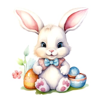 Illustration of the Easter bunny sitting in a clearing with Easter eggs. AI generated