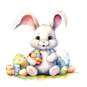 Illustration of the Easter bunny sitting in a clearing with Easter eggs. AI generated