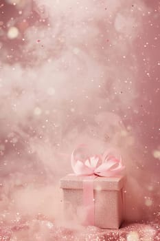 Pastel pink background with gift box, glitter, smoke and copy space. Women's Day. It's a girl backdrop with empty space. Baby shower or birthday invitation, party. Generative AI