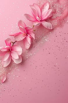 Pink glittering background with flowers, copy space. Women's Day. It's a girl backdrop with empty space. Baby shower or birthday invitation, party. Baby girl birth announcement. Generative AI