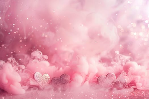 A whimsical pink heart glitter background immersed in soft smoke, perfect for Women's Day promotions, love-themed visuals, and romantic design projects. Generative AI