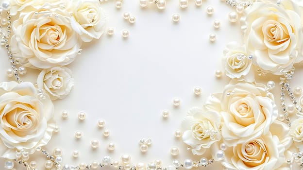 A white background adorned with white roses and pearls, creating a stunning bridal accessory. The delicate petals and gold accents add a touch of elegance to the headpiece