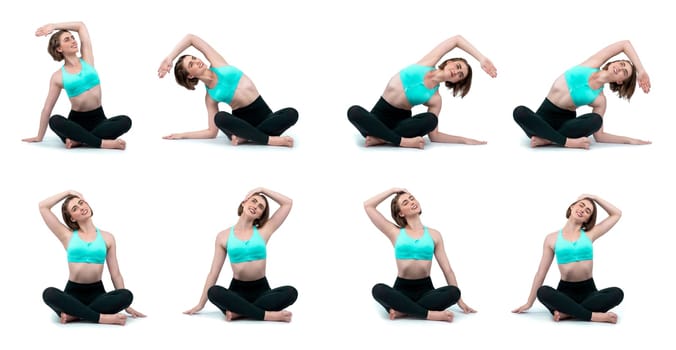 Healthy and active young woman in sportswear with different professional fitness posture set of yoga training session. Meditation yoga exercise on isolated background in gaiety full body length shot.