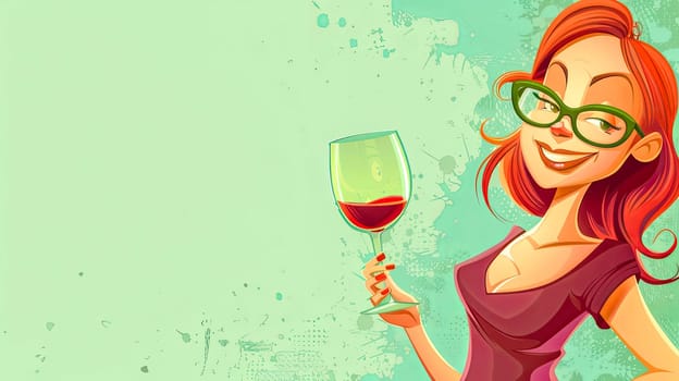 Smiling Redhead Cartoon Woman with Wine Glass, copy space