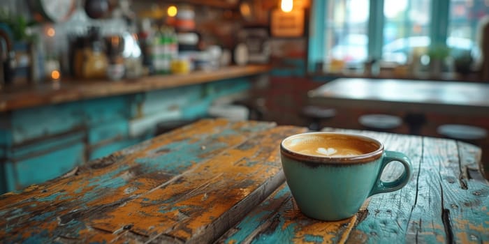 A cup of creamy coffee on a rustic wooden table of cozy cafe bar.