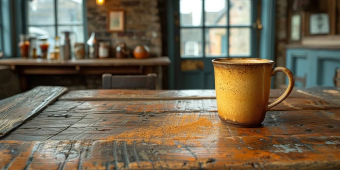 A cup of creamy coffee on a rustic wooden table of cozy cafe bar.