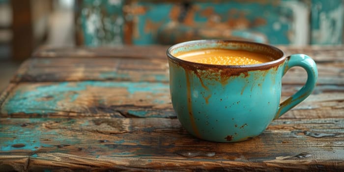 A cup of creamy coffee on a rustic wooden table of cozy cafe bar.