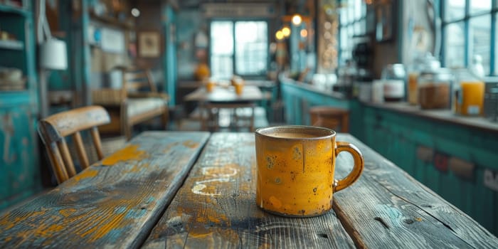 A cup of creamy coffee on a rustic wooden table of cozy cafe bar.