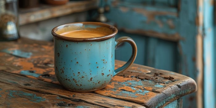 A cup of creamy coffee on a rustic wooden table of cozy cafe bar.