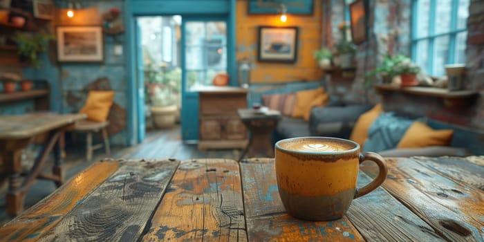 A cup of creamy coffee on a rustic wooden table of cozy cafe bar.