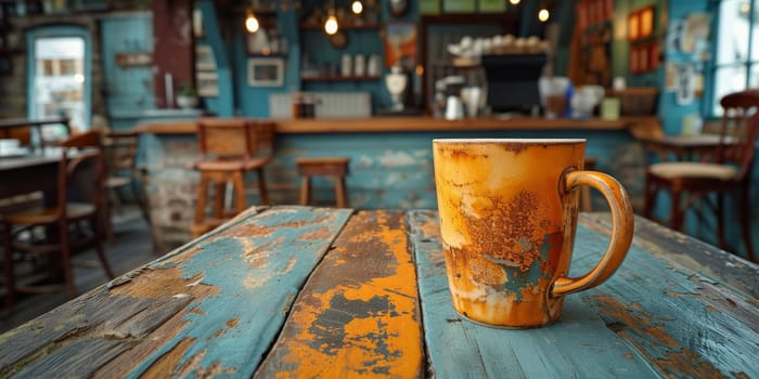 A cup of creamy coffee on a rustic wooden table of cozy cafe bar.