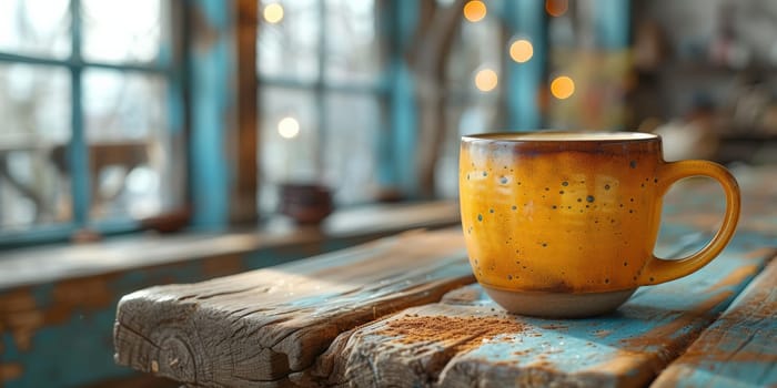 A cup of creamy coffee on a rustic wooden table of cozy cafe bar.