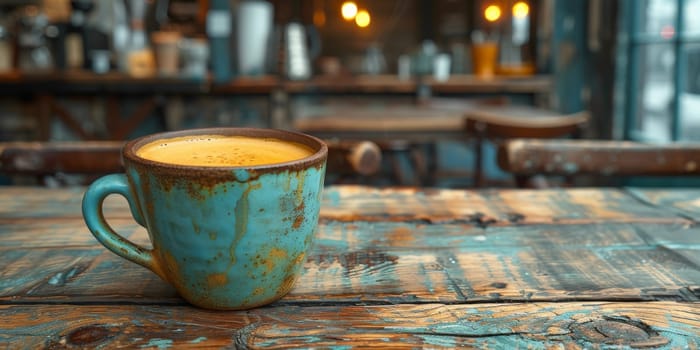 A cup of creamy coffee on a rustic wooden table of cozy cafe bar.