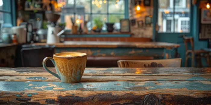 A cup of creamy coffee on a rustic wooden table of cozy cafe bar.